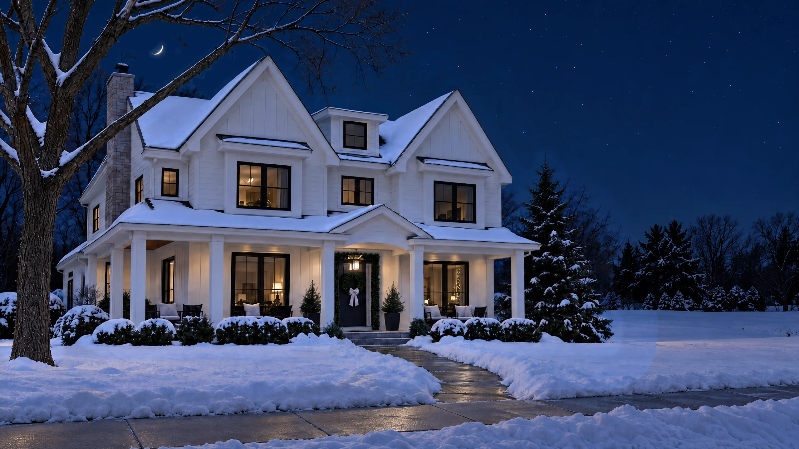 A two-story home lit along every roofline, a wrapped tree, the evergreen, the shrubs and the entry.